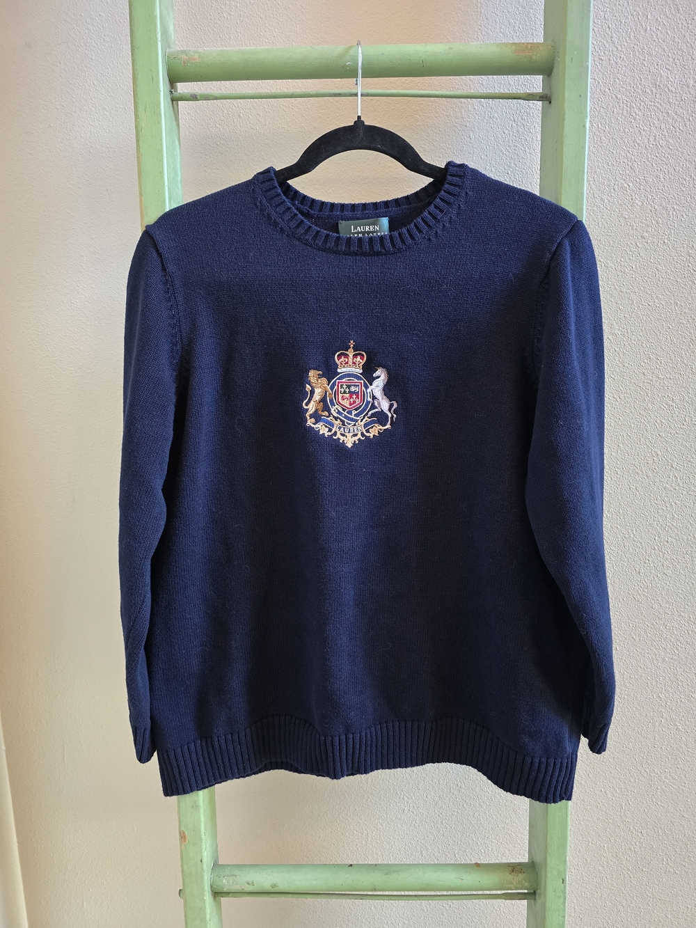 Vintage Lauren Ralph Lauren Navy Crewneck Sweater with Embroidered Crest, Sz 1X